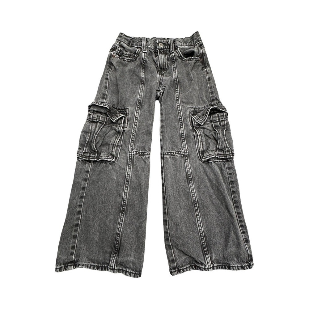 Old Navy Cargo Jeans Girls 7 Black Baggy Wide Leg High Rise Built-In Tough Pants